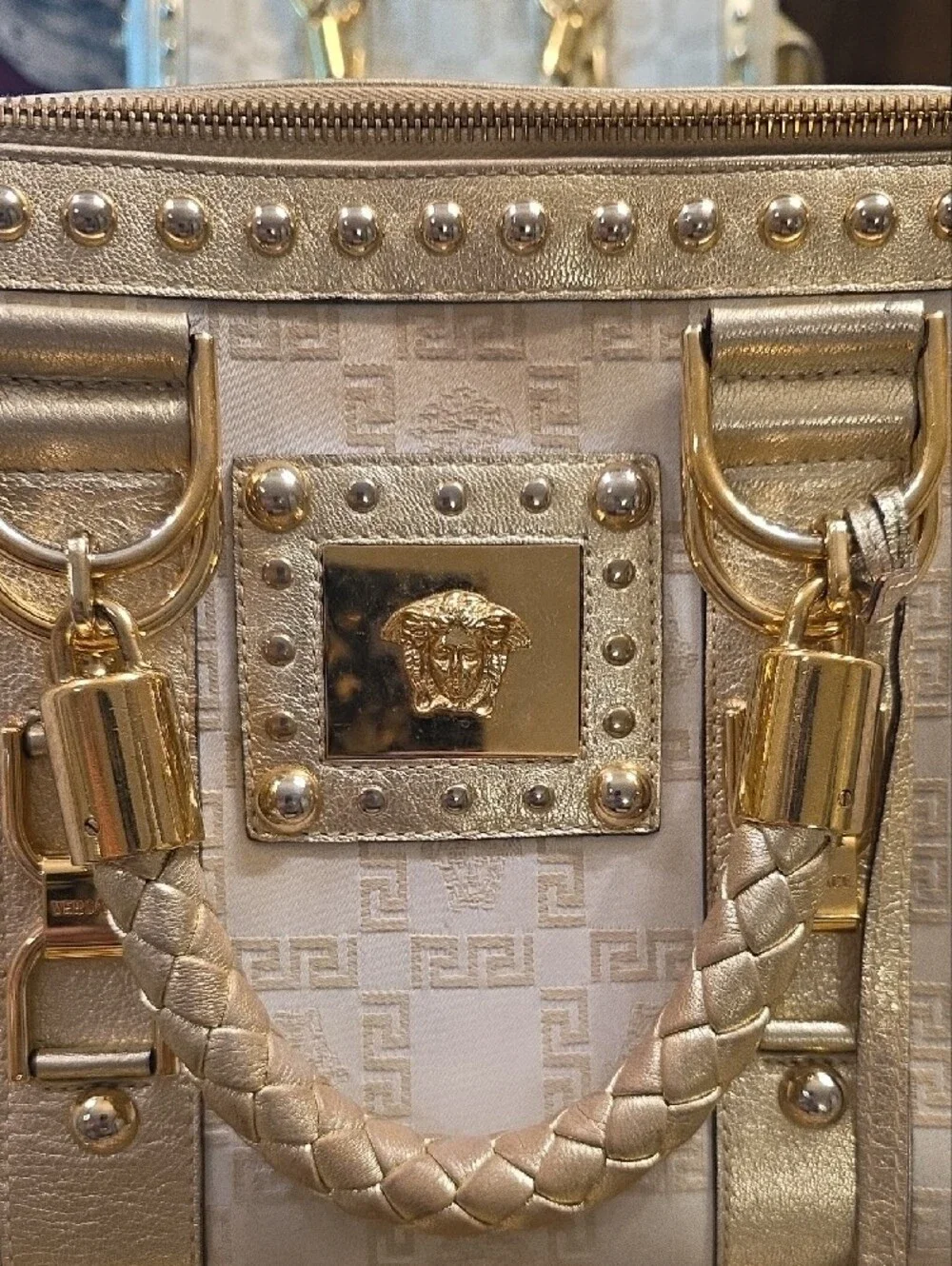 Gorgeous Versace Cream and Gold Medusa Studded Satchel with Braided Handle